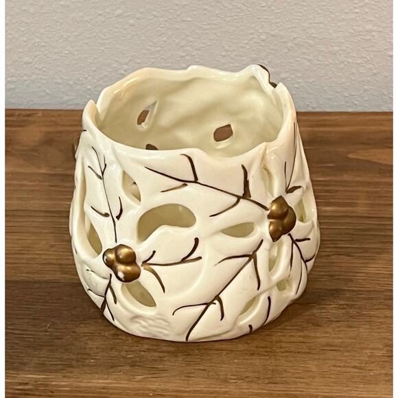 Set of 3 Ceramic Leaf Tealight Candle Holders Cream Gold Cutout Autumn Decor - Picture 3 of 7